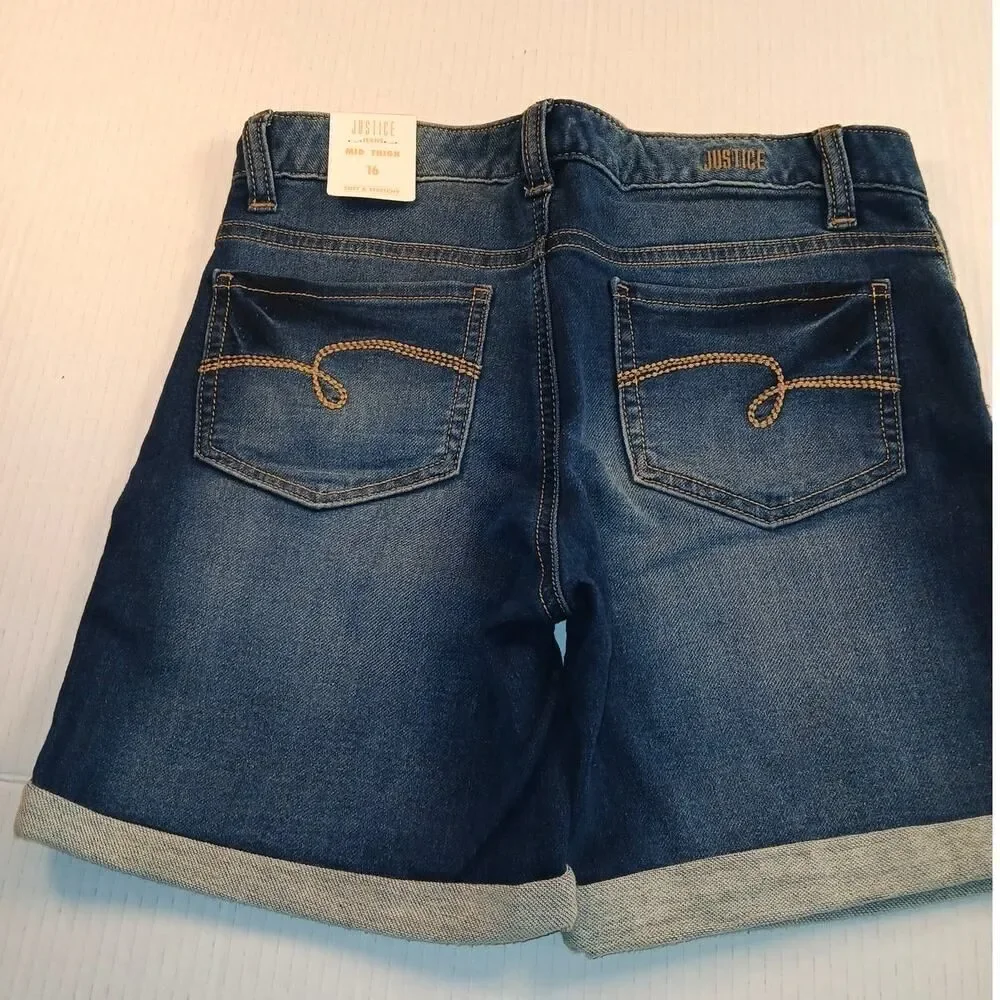 Justice Girls Dark Wash Denim Cuffed Mid Thigh Shorts - Size 16